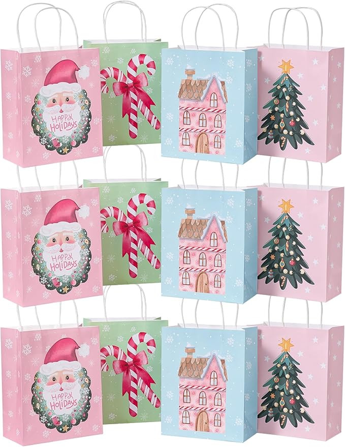 WRAPAHOLIC Medium Kraft Christmas Gift Bags - Pink Santa Claus, Gingerbread House, Christmas Tree... | Amazon (US)