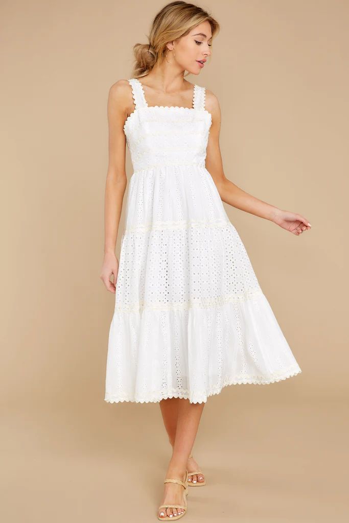 Who Goes There White Eyelet Midi Dress | Red Dress 