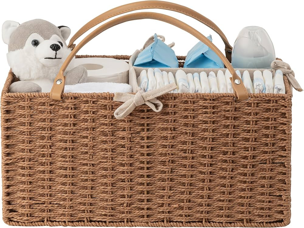 HBlife Baby Diaper Caddy Organizer, Paper Rope Storage Baskets Nursery Bin with Removable Divider... | Amazon (US)