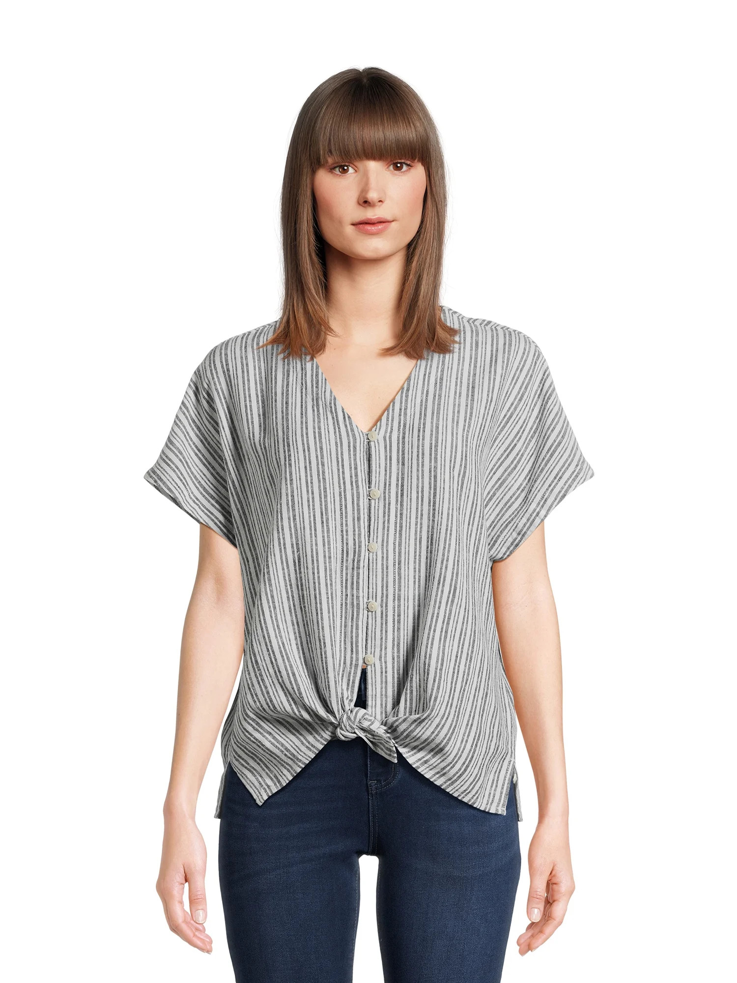 Time and Tru Women's Linen Blend Tie Front Top, Sizes S-XXXL | Walmart (US)