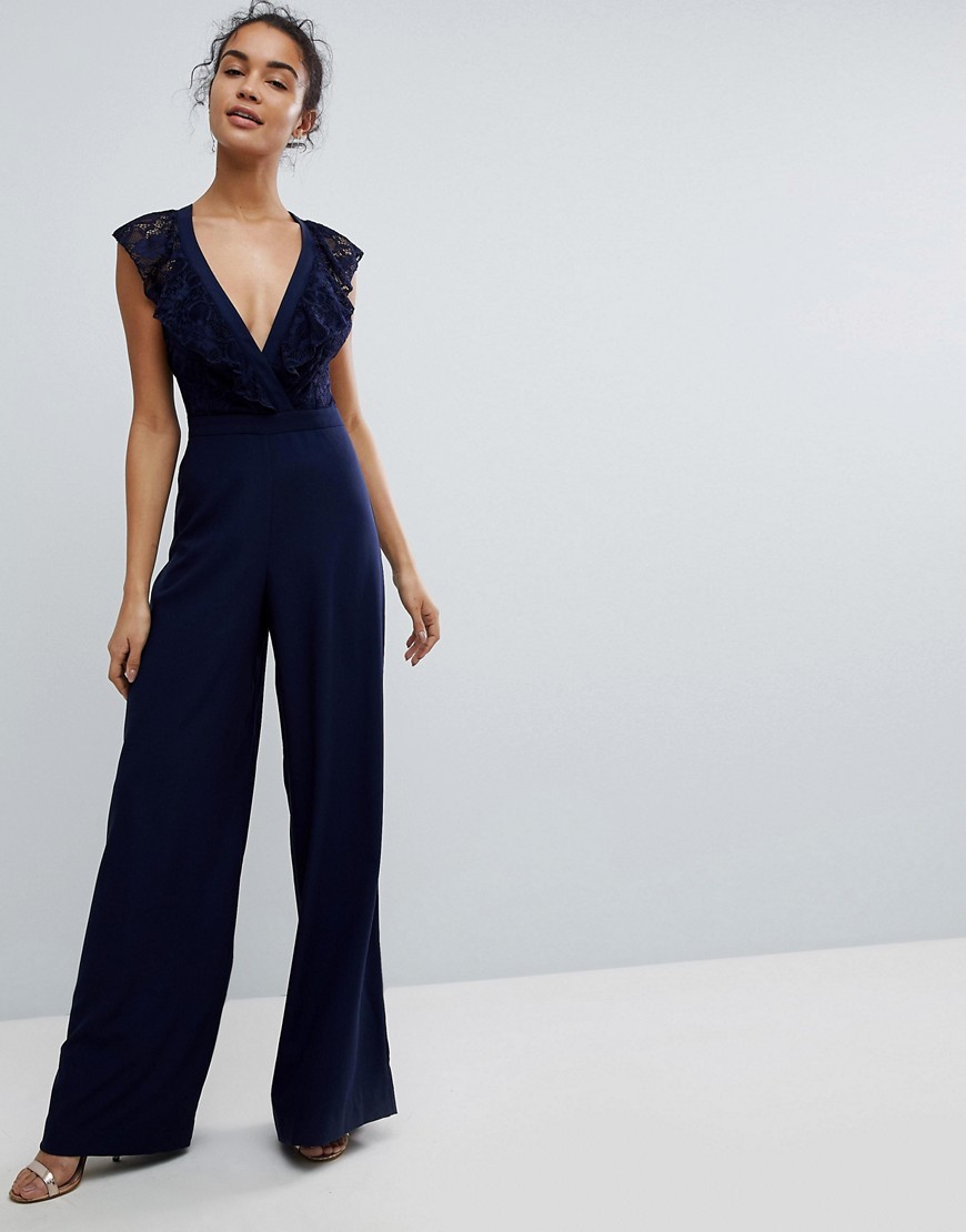 ASOS Wrap Lace Jumpsuit with Wide Leg - Navy | ASOS US
