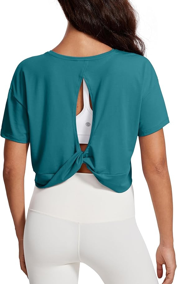 CRZ YOGA Open Back Short Sleeve Crop Top for Women Loose Athletic Yoga Workout Shirts Casual Crop... | Amazon (US)