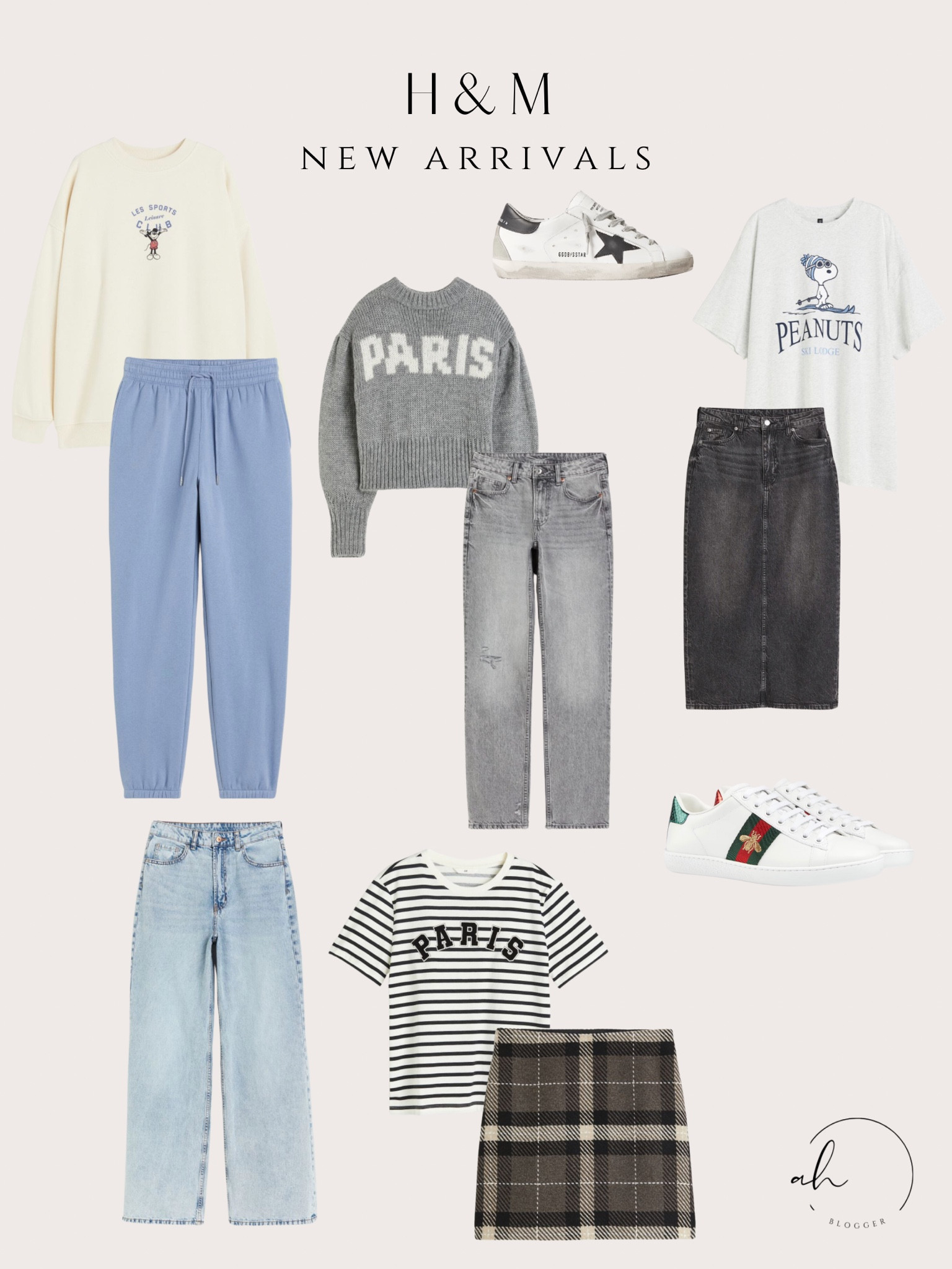 H&M New Arrivals! 
Graphic T-shirts, sweatpants, denim, jeans, plaid skirt, sweatshirt, denim skirt, sneakers, Gucci, Golden Goose. 

#LTKshoecrush #LTKstyletip