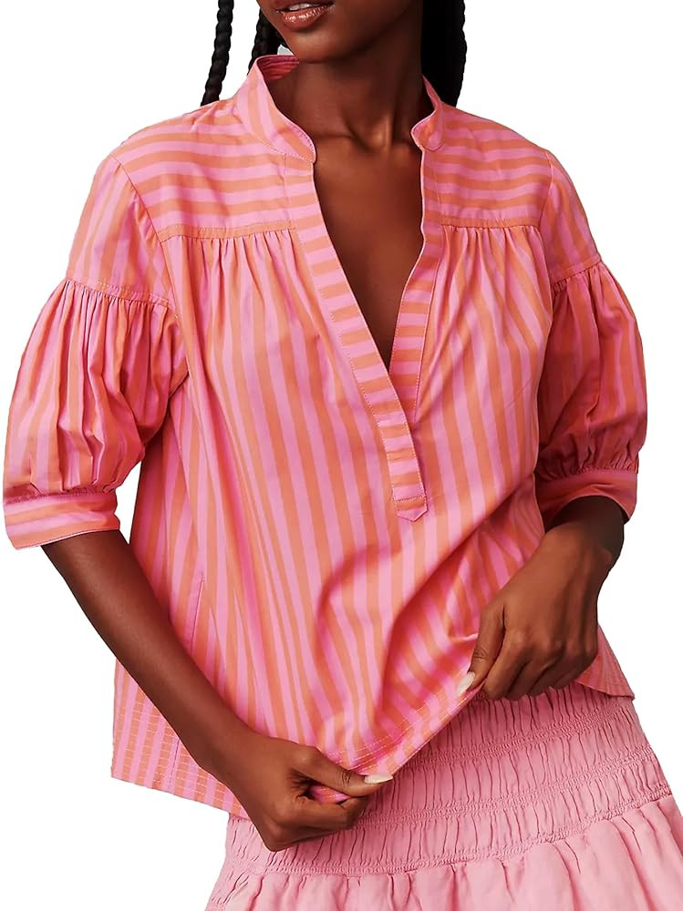Women Puff Short Sleeve Blouse Trendy Striped V Neck Shirt Summer Business Casual Outfit Cute Bab... | Amazon (US)