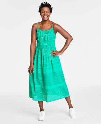 On 34th Women's Cotton Eyelet Smocked-Waist Dress, Created for Macy's - Macy's | Macy's