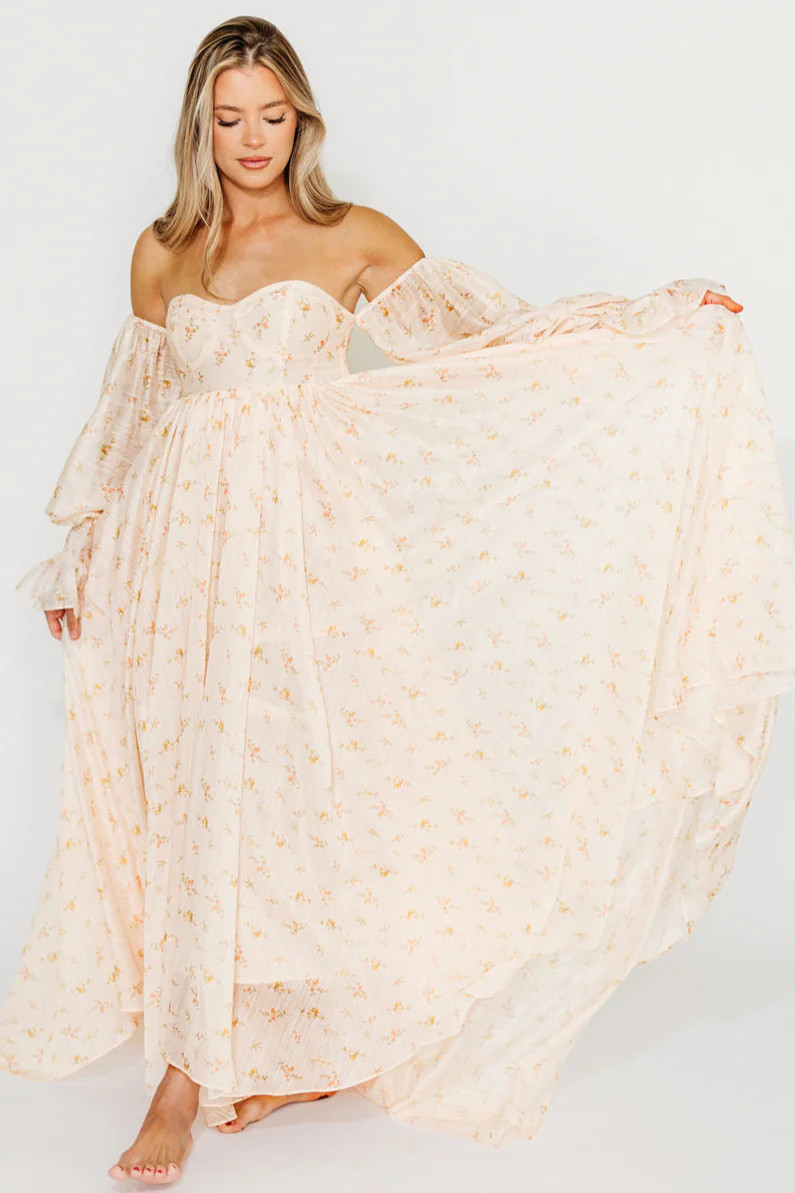 Delilah Maxi Dress with Train in Peach - Bump Friendly (XS-3XL) | Worth Collective