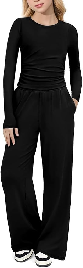 Arshiner Girls 2 Piece Set Fall Outfits Lounge Sets Ruched Long Sleeve Top Wide Leg Pants Sweatsu... | Amazon (US)