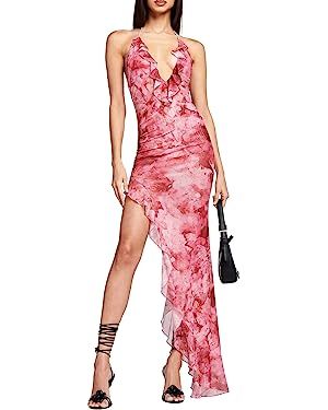 Women Sexy Ruffles Strapless Dress Mesh Floral Tassels Split Maxi Dress Ruched Bodycon Tube Long ... | Amazon (US)