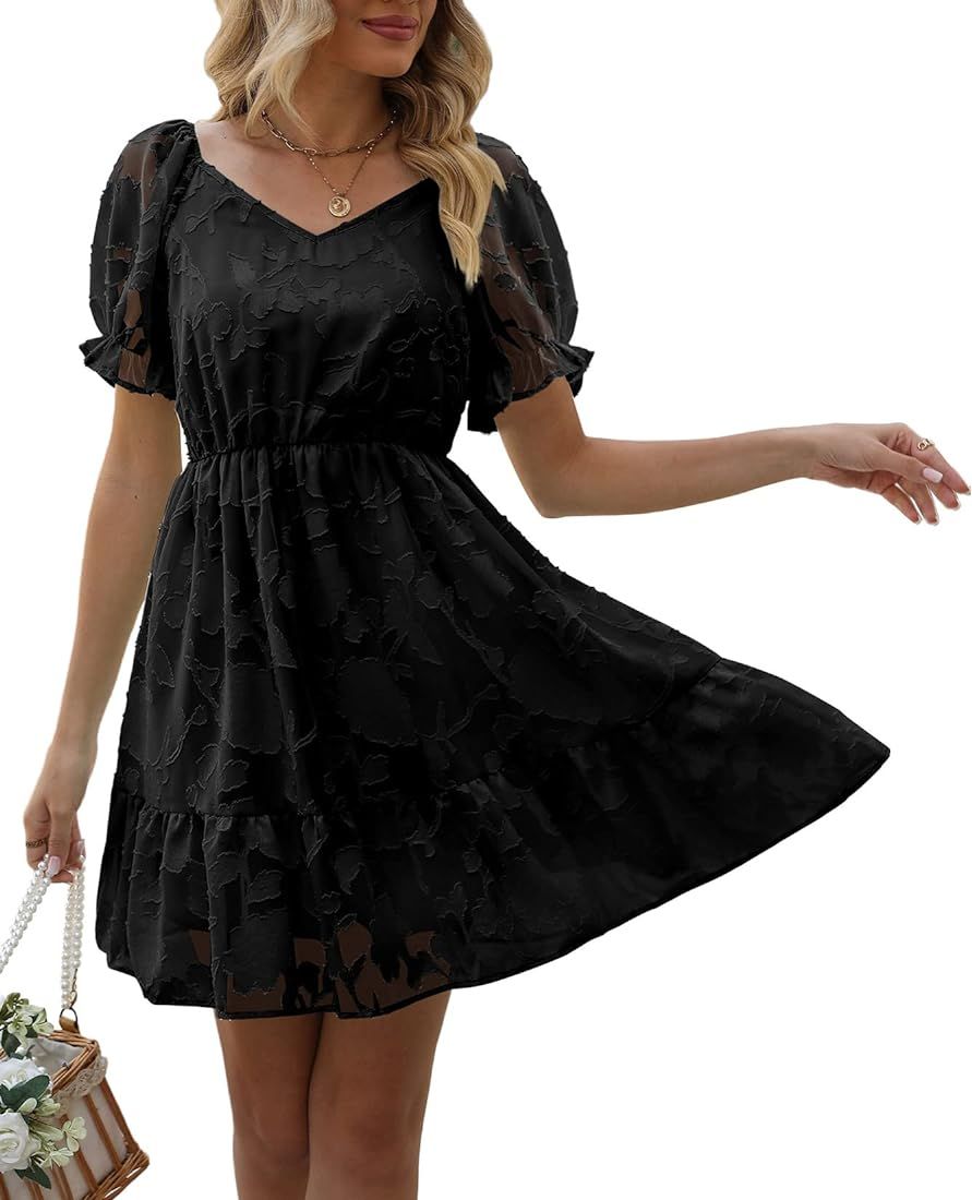 SAMPEEL Womens Summer Short Sleeve V Neck Dresses Chiffon Mini Dress with Liner | Amazon (US)