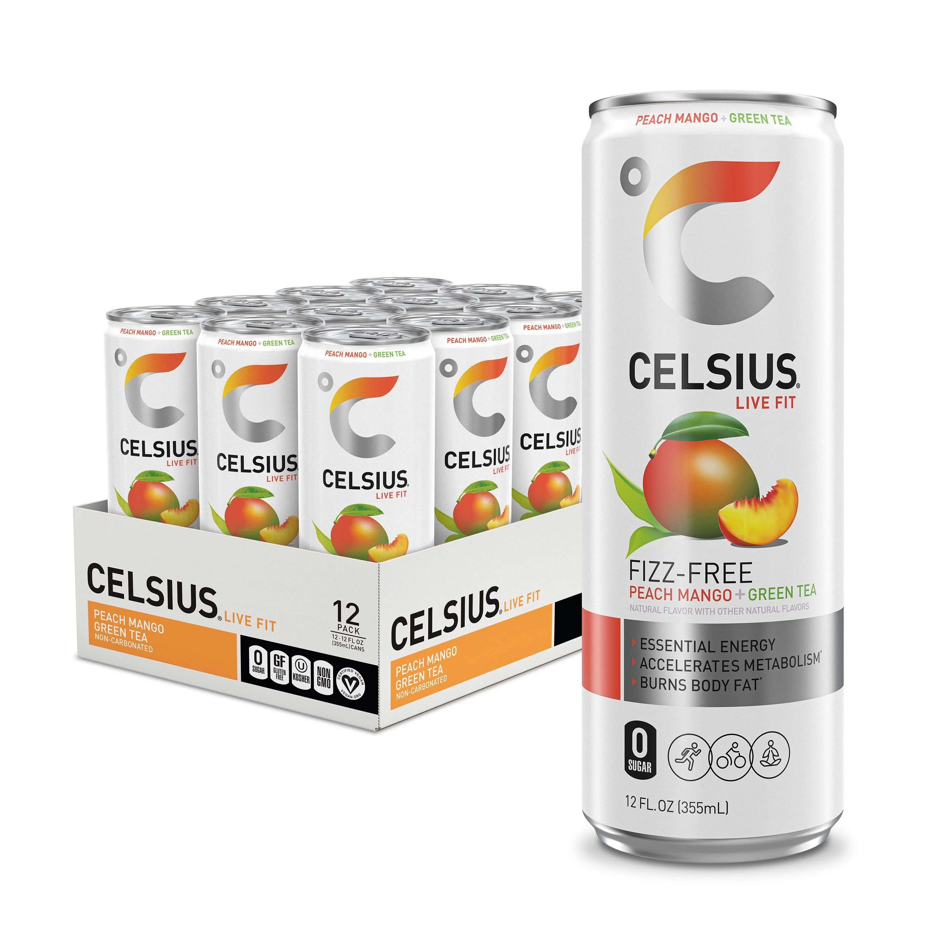CELSIUS Fizz Free Peach Mango Green Tea, Functional Energy Drink 12 fl oz (Pack of 12) | Walmart (US)