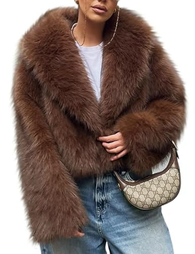Arssm Women Fluffy Faux Fur Coat Long Sleeve Open-Front Winter Cropped Coat Short Fur Fuzzy Jacket(Brown-S) | Amazon (US)
