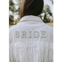 White Fringe Pearl & Rhinestone Denim Jacket | Personalized Bride Custom Mrs. Jean Wifey Wedding | Etsy (US)