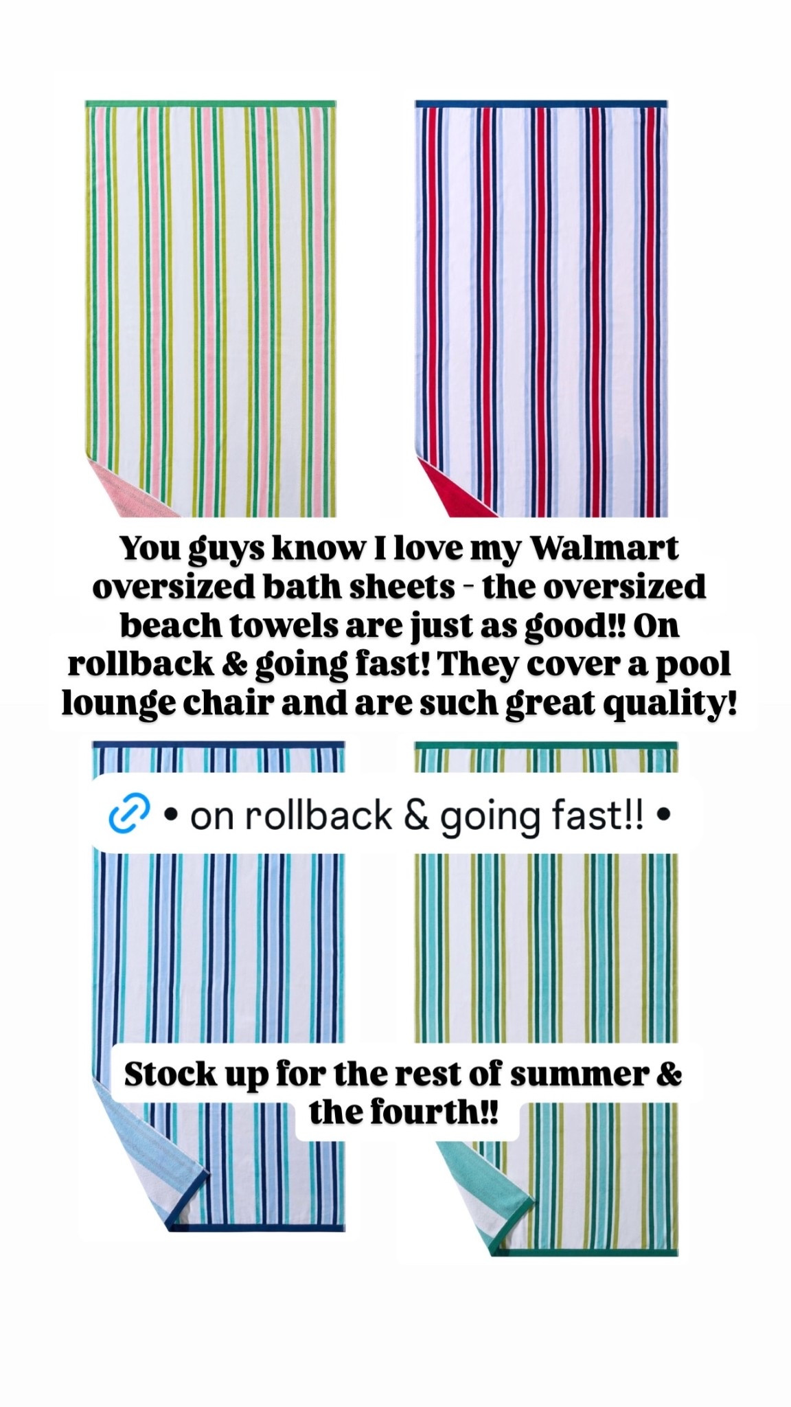 You guys know I love my Walmart oversized bath sheets - the oversized beach towels are just as good!! On rollback & going fast! They cover a pool lounge chair and are such great quality!  Stock up for the rest of summer & 
the fourth!!