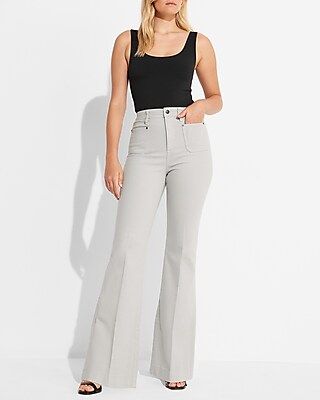 Express x Simon Spurr Super High Waisted Gray Patch Pocket Flare Jeans | Express