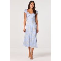 ASTR the Label | Makaela Puff Sleeve Floral Satin Midi Dress in Blue floral | Size XS | ASTR The Label (US)