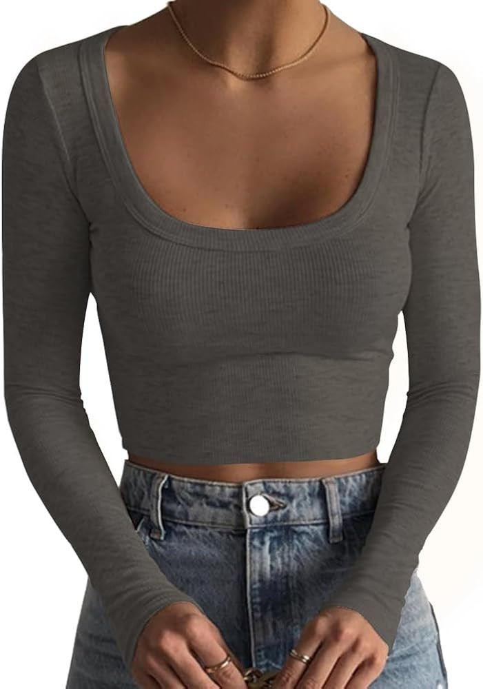 Artfish Women's Square Neck Long Sleeve Ribbed Slim Fitted Casual Basic Crop Top | Amazon (US)
