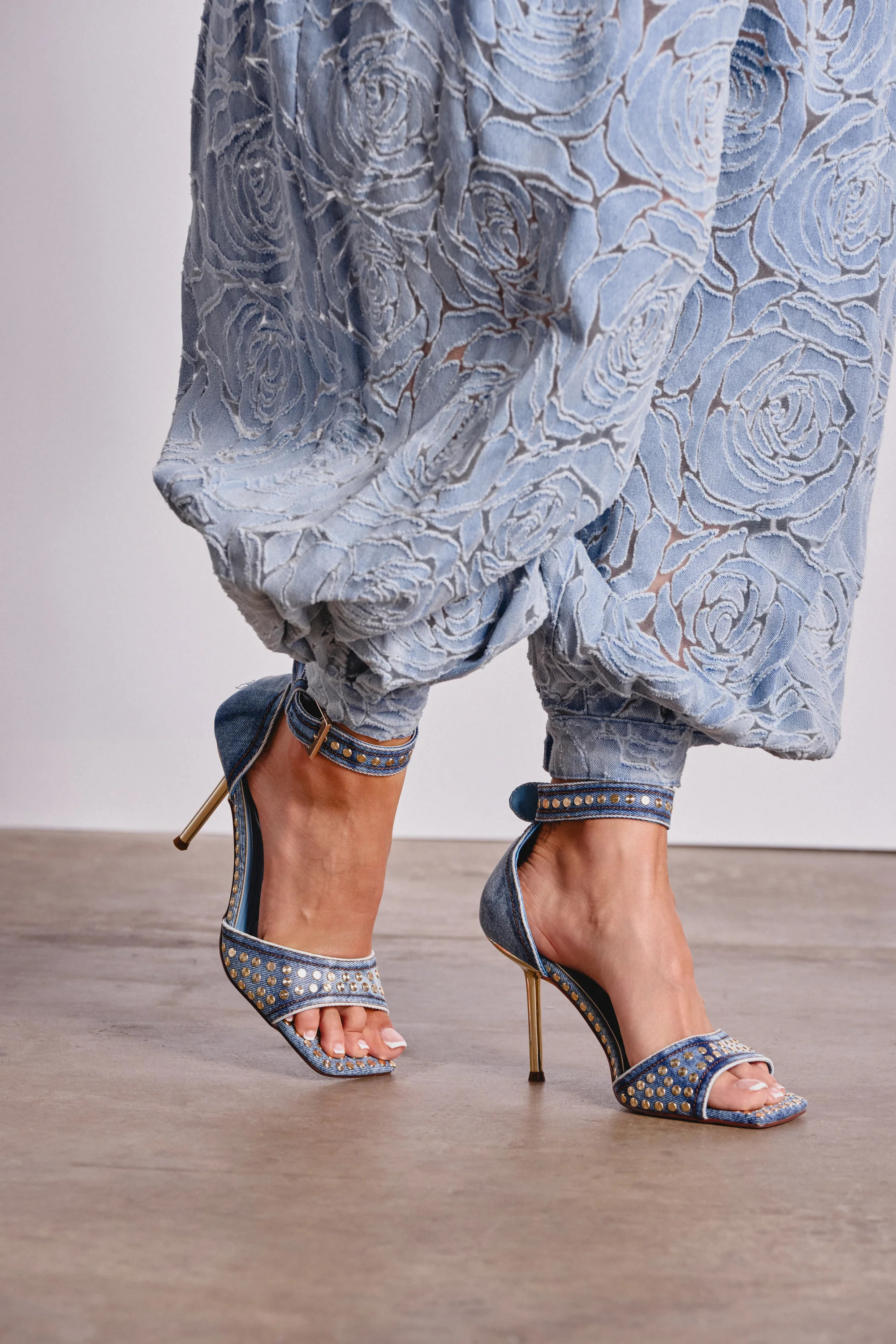 AKIRA GOLD INANA DENIM STUD EMBELLISHED STILETTO SANDAL | AKIRA