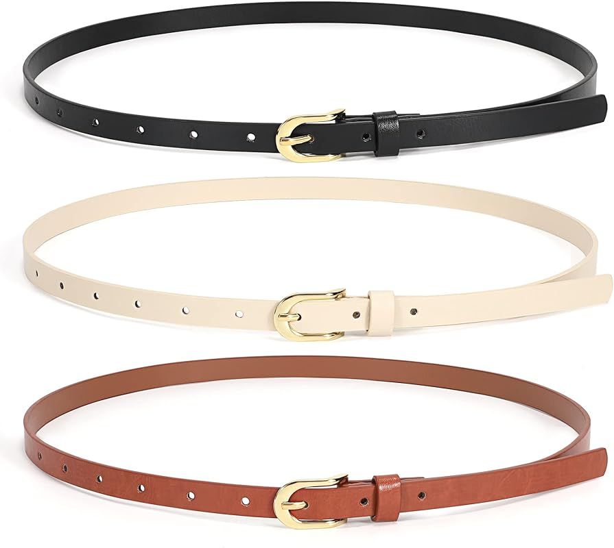 JASGOOD 3 Pack Skinny Leather Chic Belt for Women, PU Leather Thin Belt with Metal Gold Buckle fo... | Amazon (US)