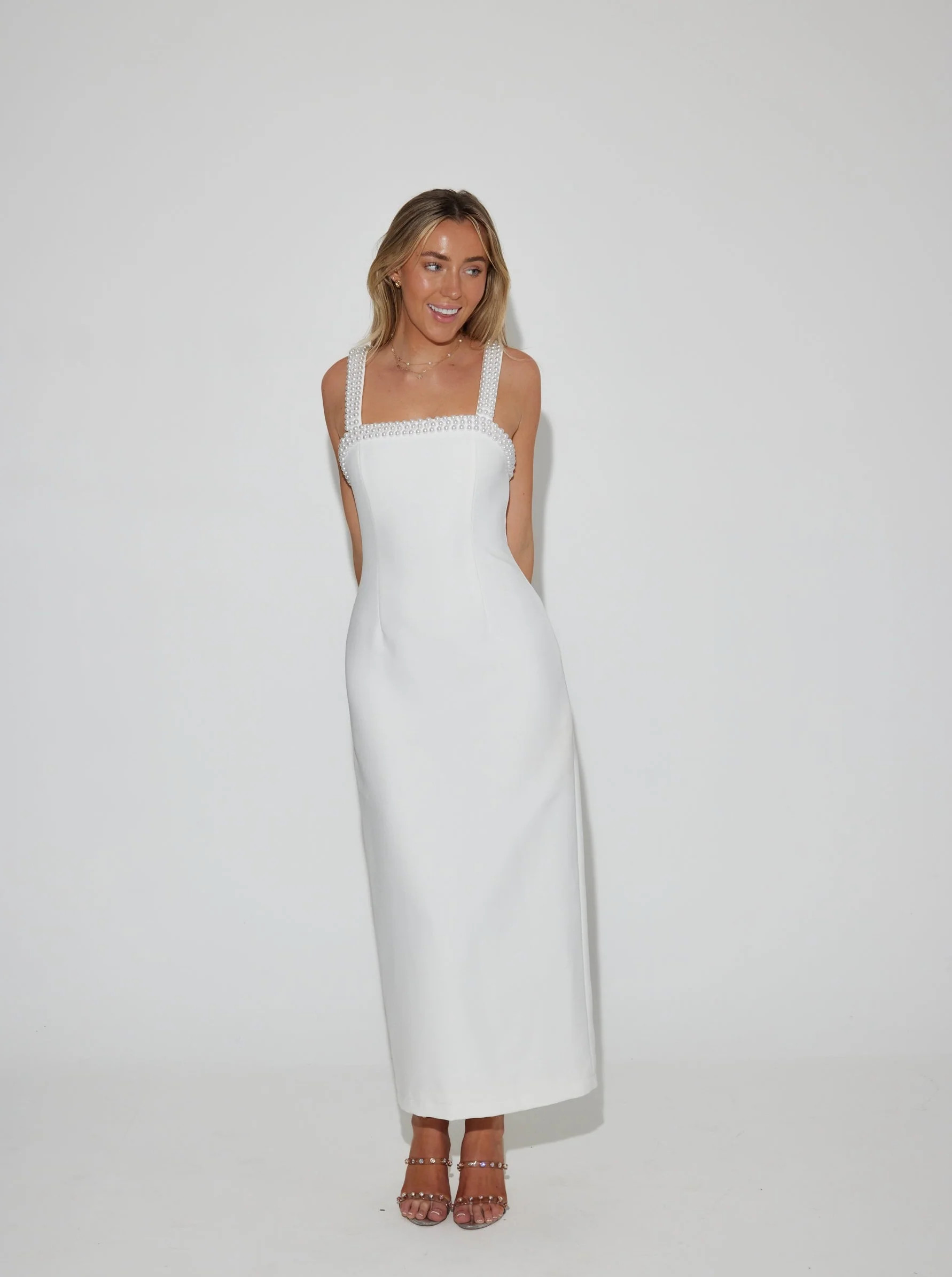 The Ultimate Muse Pearl Trim Midi Dress | White | Odd Muse