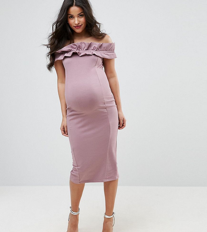 ASOS Maternity Ruched Ruffle Bardot with Seams Dress - Pink | ASOS US