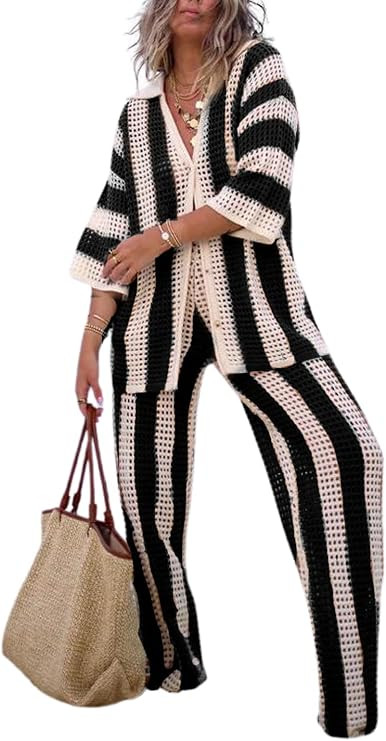 NIFTRIRY Women Cover Up Sets Button Up Tops with Pants Crochet Set Outfit 2 Piece Outfits Vacatio... | Amazon (US)