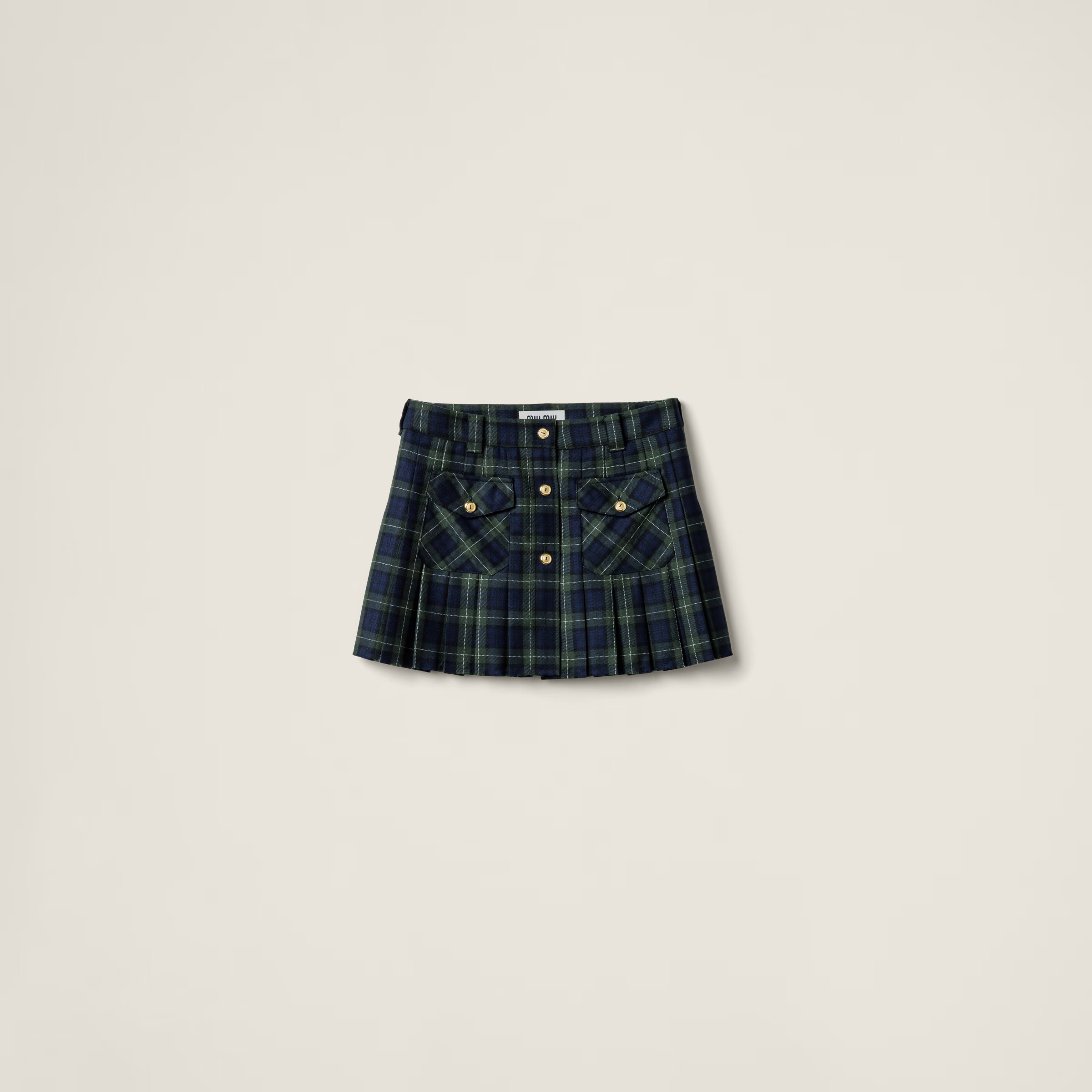 Military Green Pleated Tartan Miniskirt | Miu Miu | Miu Miu US