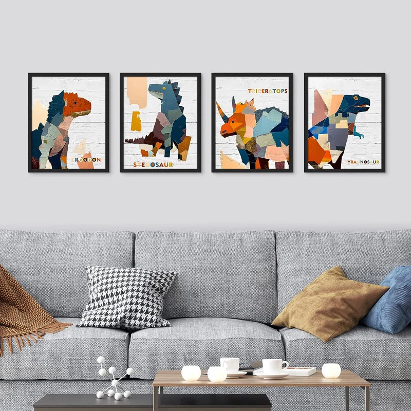 Boy's Bedroom Colorful Dinosaur Contemporary Pictures Framed Wall Art 4 Pieces Small Paper PrintS... | Wayfair North America