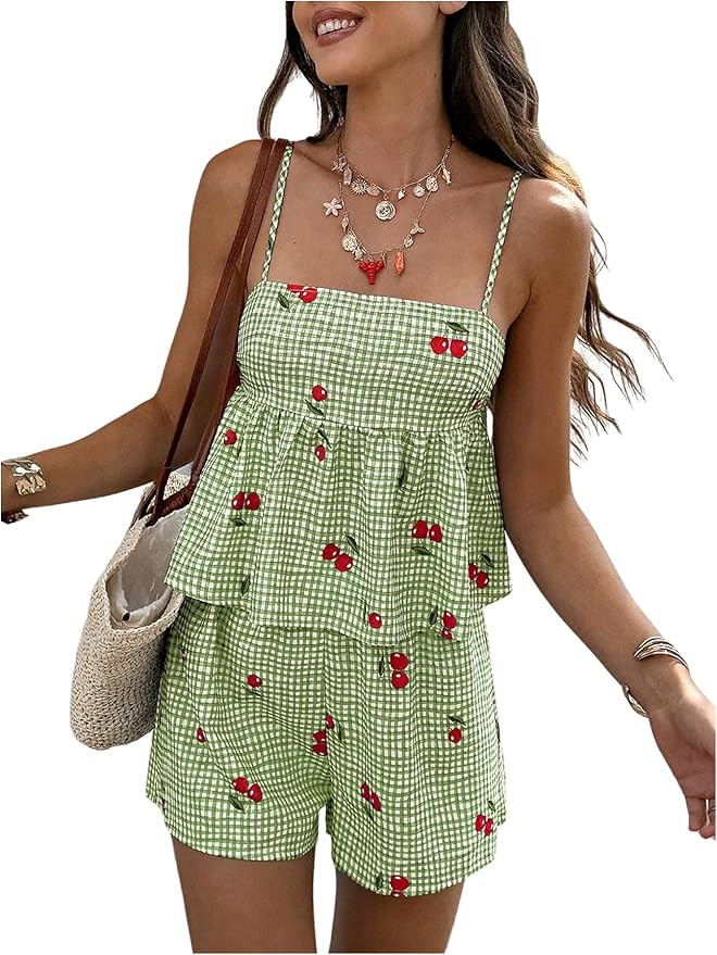 Women's 2 Piece Shorts Sets Gingham Bow Tie Back Babydoll Tops and Boxer Shorts Summer Vacation O... | Amazon (US)