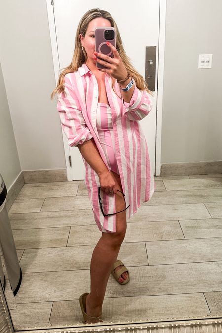 Pink and white stripe one piece 
Jcrew one piece swimsuit 
Linen shirt cover up 
Pink cover up on sale 
Pink and white stripe beach look 

#LTKSaleAlert #LTKSwim #LTKFindsUnder50