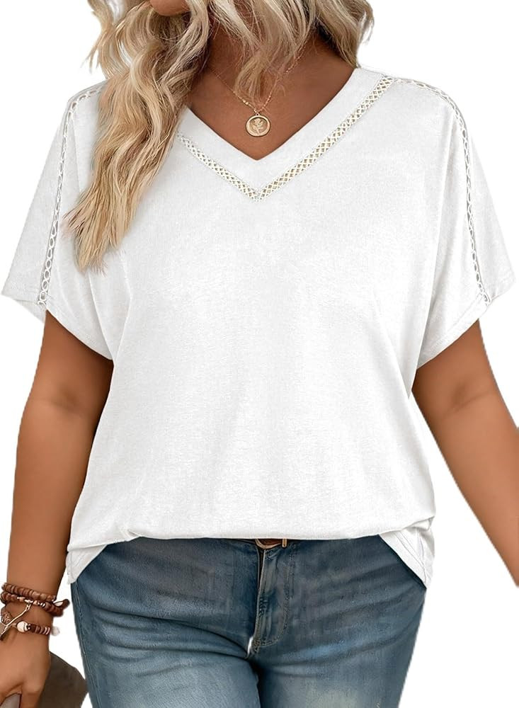 Eytino Womens Plus Size Tops V Neck Short Sleeve Casual Loose Blouses Hollow Out Summer Shirts(1X... | Amazon (US)
