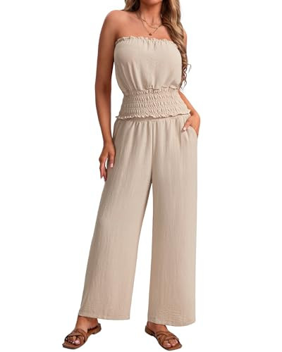 IEEILULU 2 Piece Sets for Women Summer Outfits Wide Leg Pants and Crop Tube Tops Summer Casual Beach Vacation Set Beige M | Amazon (US)