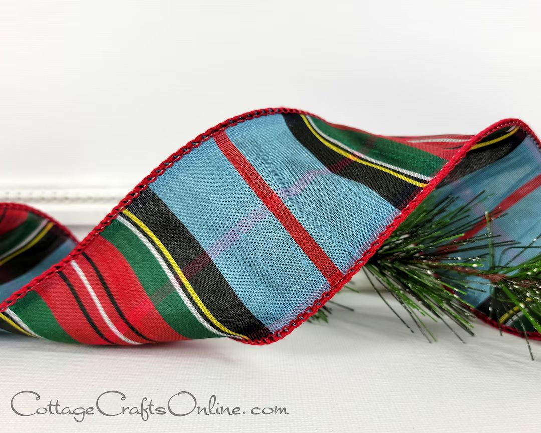 Christmas Wired Ribbon, 2.5" Dusty Blue Red Green Faux Dupioni Tartan Stripe - TEN YARD ROLL ~ Du... | Etsy (US)