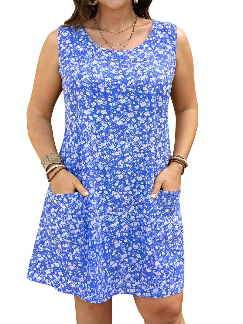 LANREMON Plus Size Womens Dresses Summer Scoop Neck Sleeveless Floral Print Beach Sundress with P... | Walmart (US)