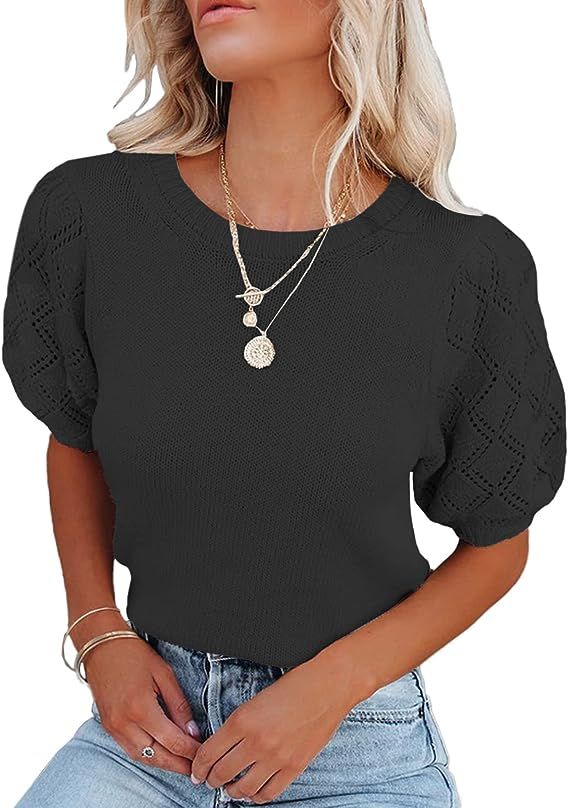 Womens Short Sleeve Sweaters Crewneck Knit Pullover Tops Casual Lightweight Crochet Blouse Shirt | Amazon (US)