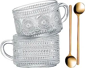 Gezzeny Vintage Coffee Mugs, Glass Coffee Mugs 14 Oz Set of 2 Clear Embossed Glass Cups, Tea Cups... | Amazon (US)