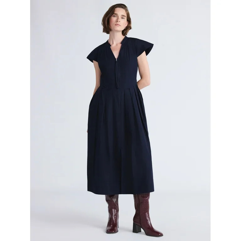 Free Assembly Women's and Women's Plus Zip Front Cotton Maxi Dress with Flutter Sleeves, Sizes XS... | Walmart (US)