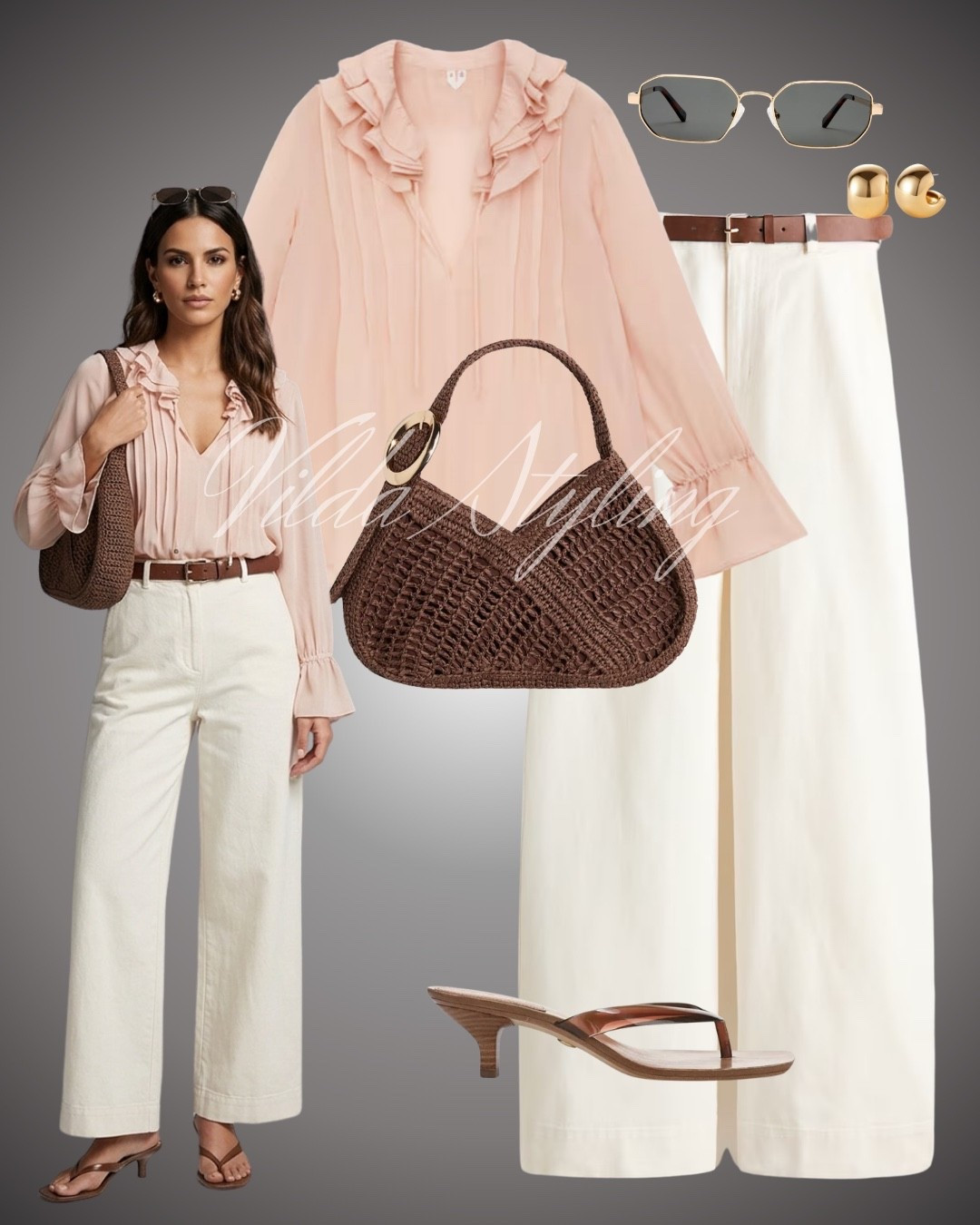 Summer Chic Outfit ✨
 Blouse: Pastel pink, ruffled neckline, pleated, flared cuffs.
 Trousers: High-waisted, wide-leg, off-white, slim brown belt.
 Bag: Woven texture, chocolate brown, shoulder strap.
 Shoes: Brown kitten-heel thong sandals.
 Accessories: Gold-framed sunglasses, chunky gold hoop earrings.
 Vibe: Effortless, elegant, warm-weather style.

#LTKspring #LTKgiftguide #LTKeurope