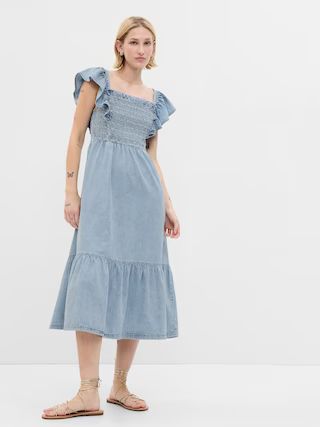 Smocked Flutter Sleeve Denim Midi Dress with Washwell | Gap (US)