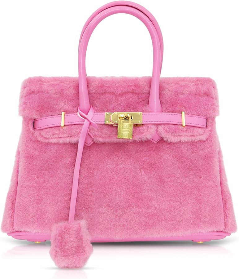 Furry Handbag for Women, Pink Tote Bag, Large Capacity Crossbody Bag, Lambswool Patchwork Leather... | Amazon (US)