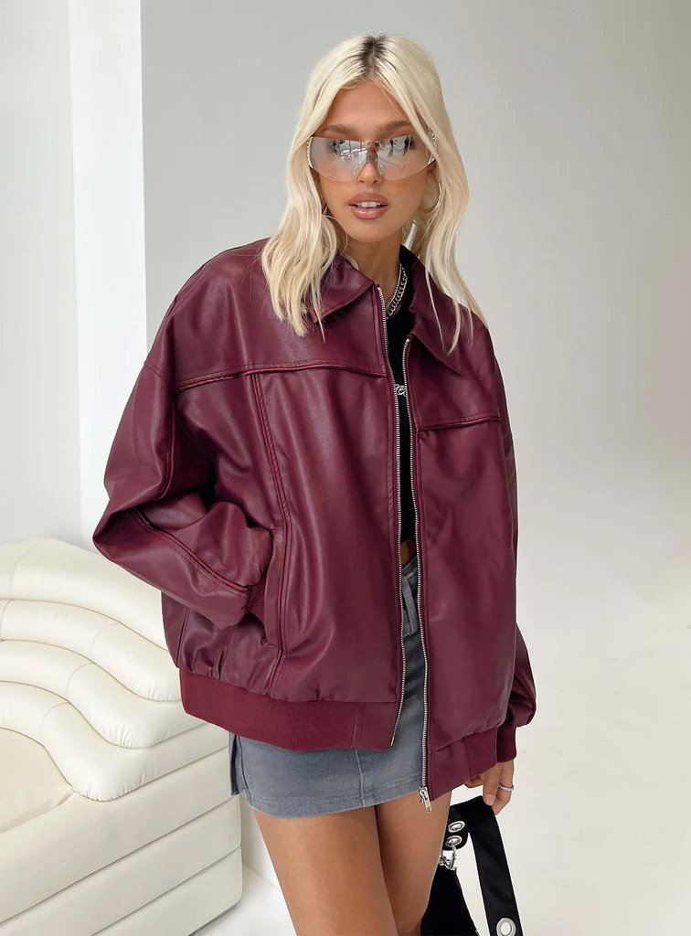 Goldsmith Faux Leather Bomber Jacket Burgundy | Princess Polly AU