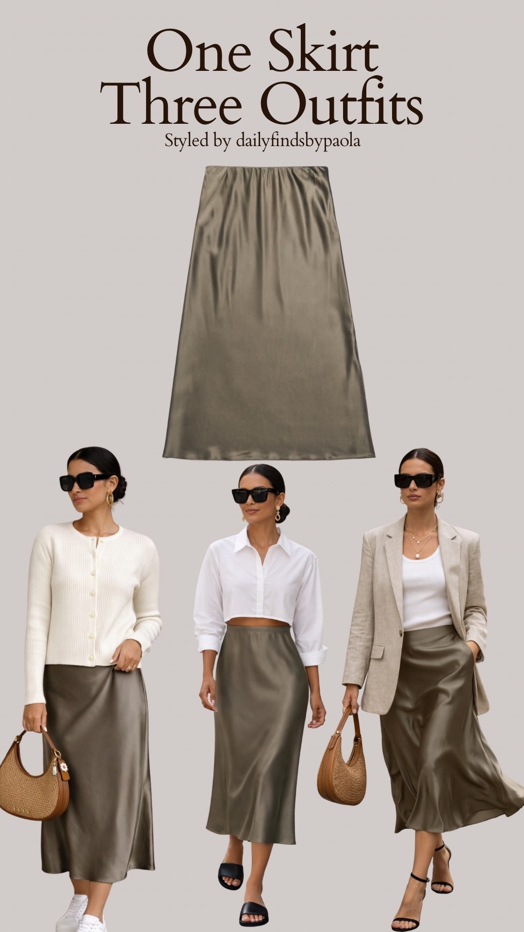 3 effortless ways to style a satin olive midi skirt for everyday chic looks. From casual sneakers to elevated blazer outfits, this neutral capsule outfit idea is perfect for spring and summer. Minimal, classy, and timeless wardrobe inspiration.

Shop below 

#LTKSeasonal #LTKootd #LTKU
