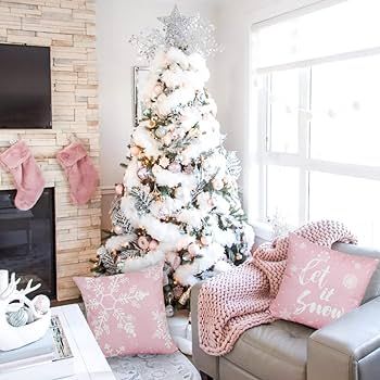 JOJOGOGO Pink Christmas Throw Pillow Covers 18x18 Snowflake Pillow Covers Let It Snow Pillows Win... | Amazon (US)