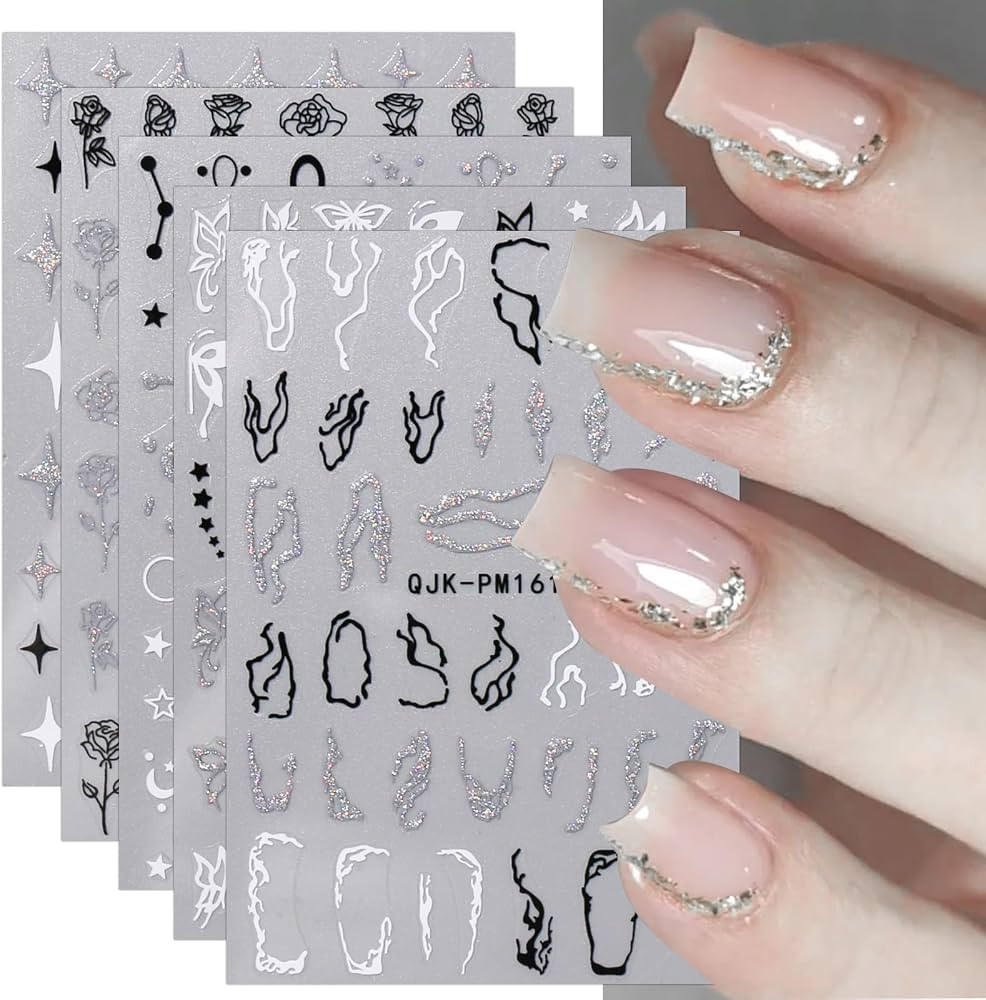 JMEOWIO 10 Sheets Glitter Black White Marble Nail Art Stickers Decals Self-Adhesive Pegatinas Uñ... | Amazon (US)
