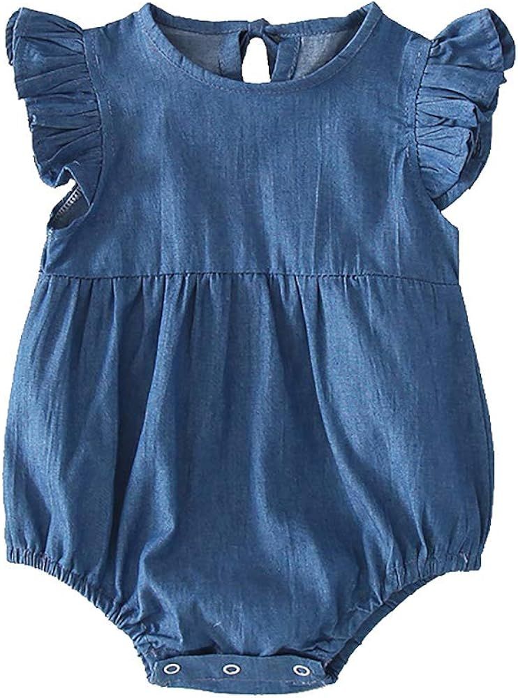 Slowera Baby Infant Toddler Girls Denim Ruffled Bodysuit Blue Soft One-Piece Romper | Amazon (US)