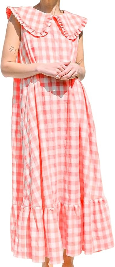 HOULENGS Women's Summer Plaid Sleeveless Maxi Dress Casual Ruffle Flowy A-Line Beach Gingham Long... | Amazon (US)