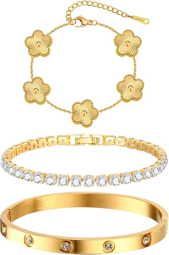 Womens Stackable Floral Gold Bracelets - 3Pcs 18K Gold Plated Bracelet,Stainless Steel Bangle Bra... | Amazon (US)