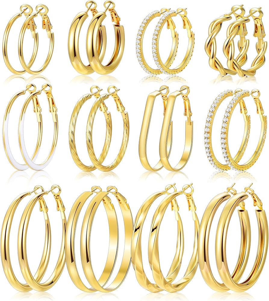 12 Pairs Gold Hoop Earrings Set for Women, Lightweight Big/Large Hoop Earrings Multipack, Hypoall... | Amazon (US)