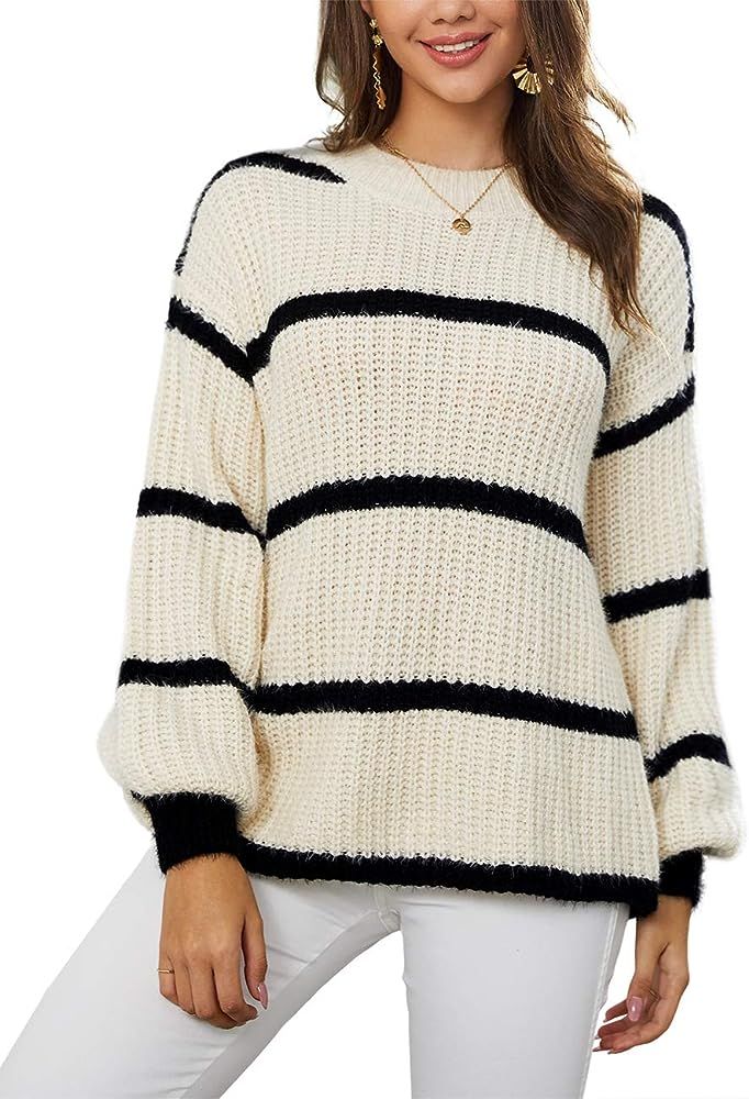 Imily Bela Womens Oversized Striped Pullover Sweaters Fuzzy Fall Chunky Knit Slouchy Lantern Slee... | Amazon (US)