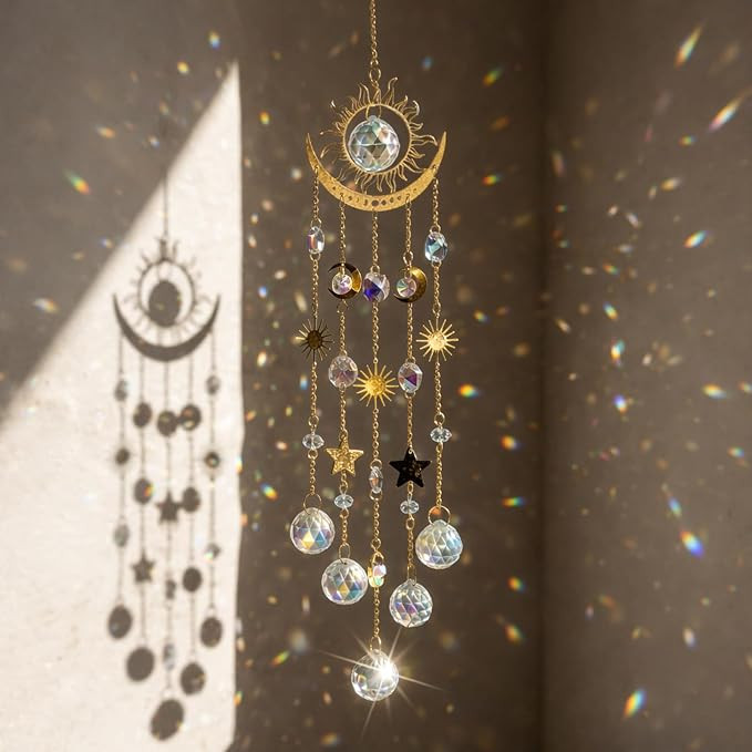 Sun and Moon Crystal Suncatcher for Window Hanging, Prism Sun Catcher with Chain and Hook, Rainbo... | Amazon (US)