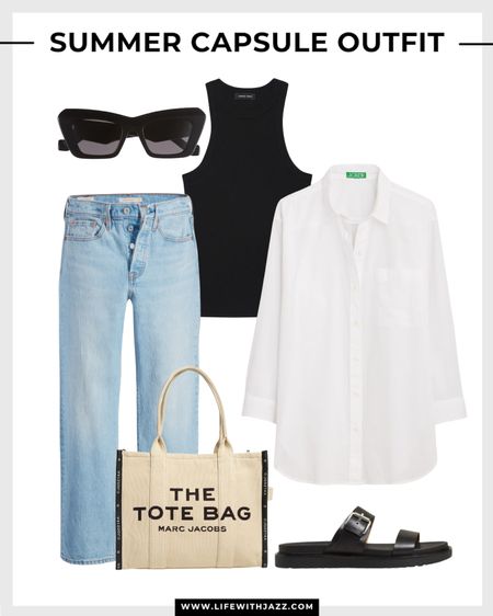 Smart casual summer capsule outfit 🖤

Summer style / light blue jeans / black tank / white button up / chunky sandals / canvas tote / sunglasses / Levi’s / Jcrew / Madewell / Loewe / farmers market / weekend outfit 

#LTKSeasonal #LTKStyleTip